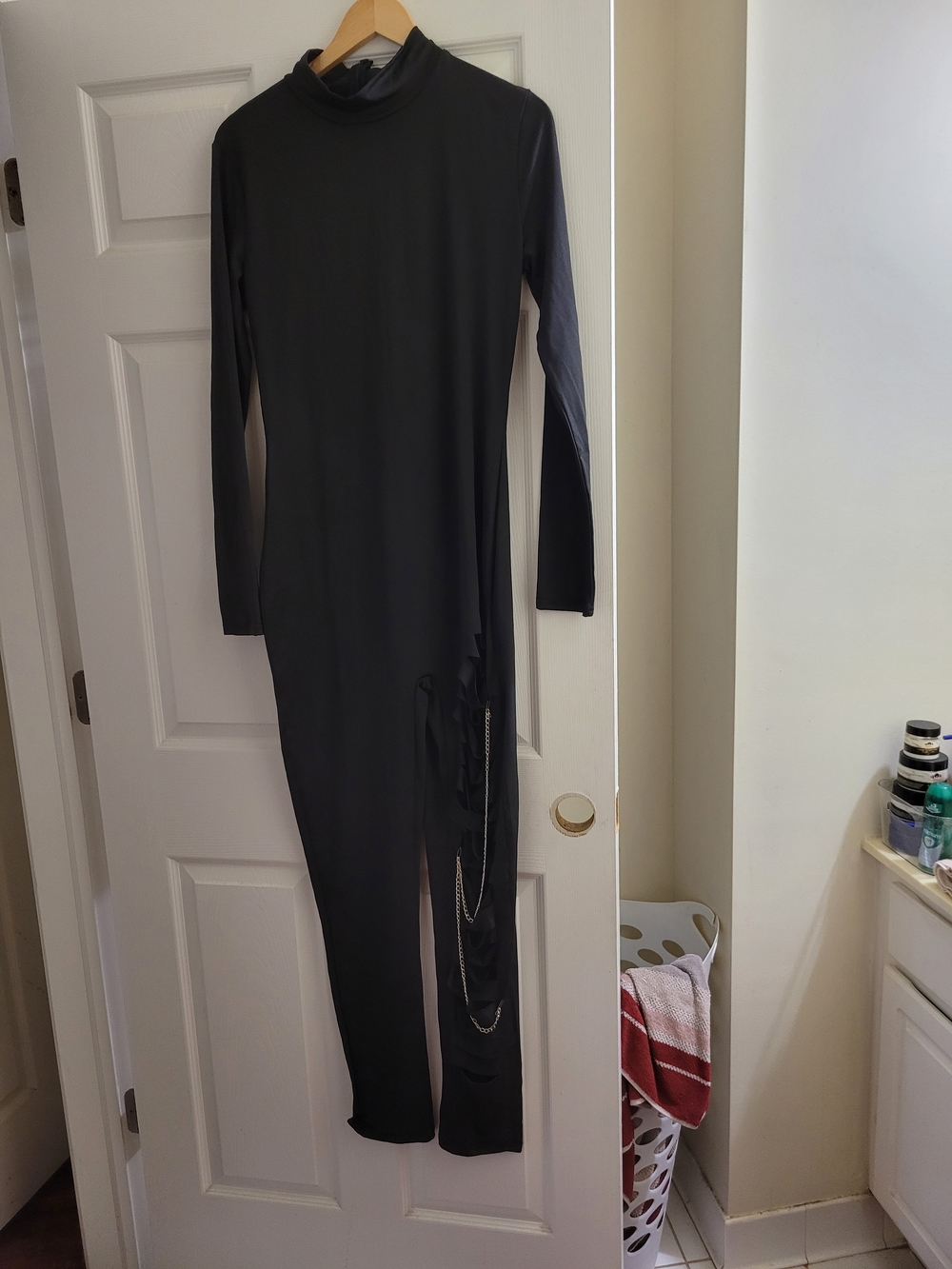 Black Long Sleeve Jumpsuit With Chain Detail